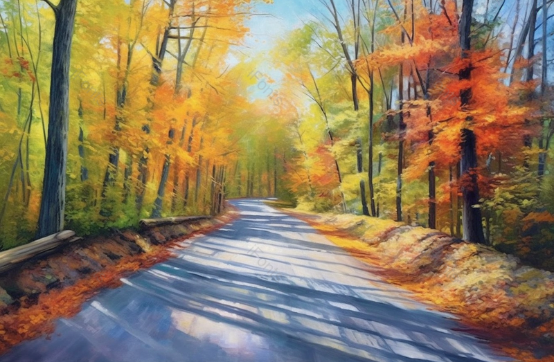 油画中秋天山林中的公路,插画/手绘图,插画/手绘图库,插画/手绘图下载,插画/手绘